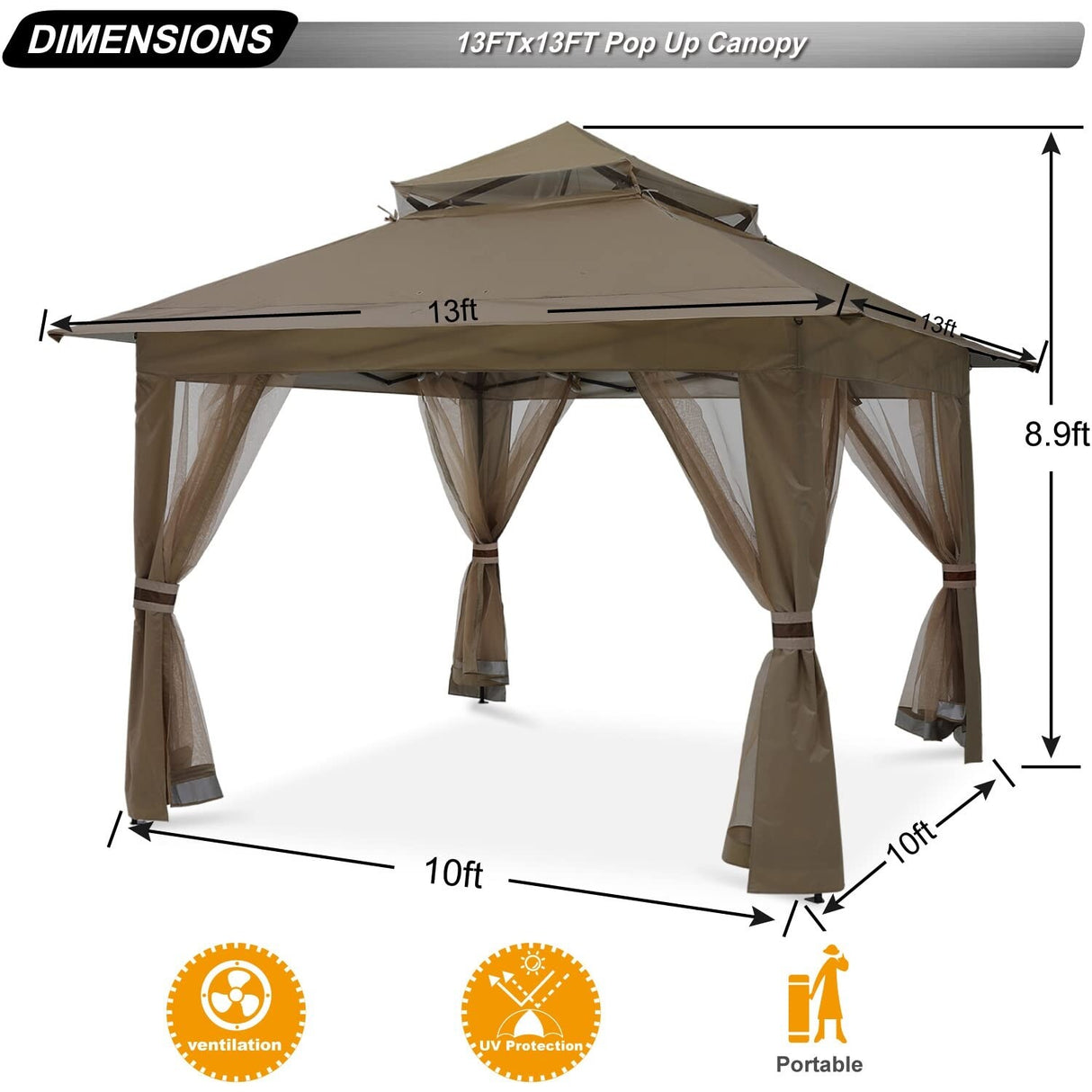 Pop Up Gazebo 13x13 - Outdoor Canopy Tent with Mosquito Netting for Patio Garden Backyard
