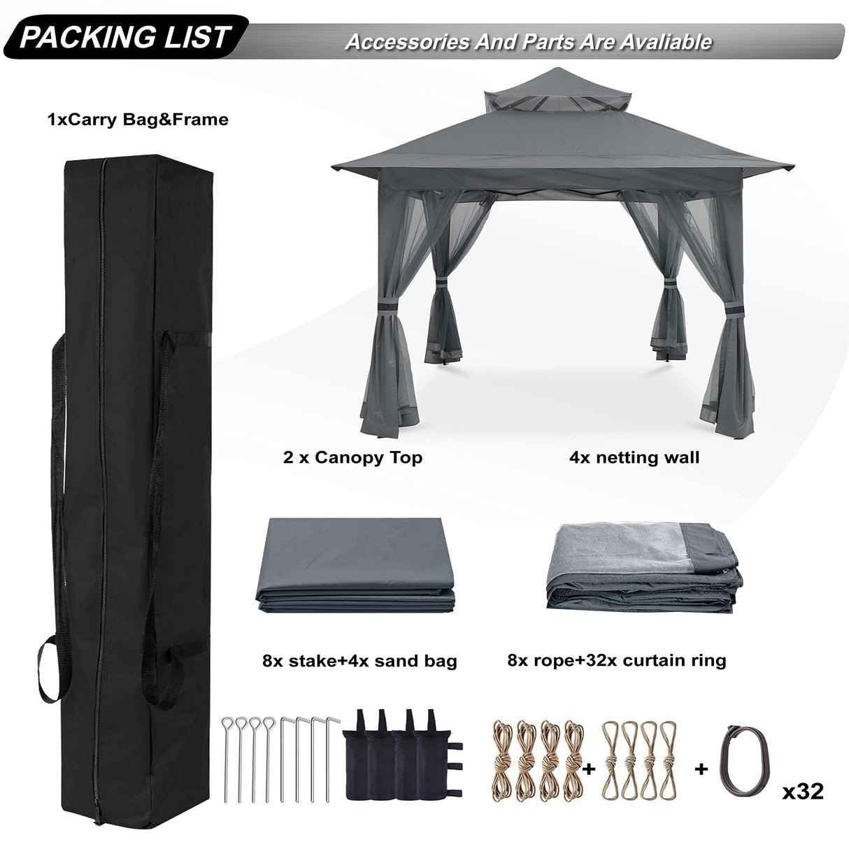 Pop Up Gazebo 13x13 - Outdoor Canopy Tent with Mosquito Netting for Patio Garden Backyard