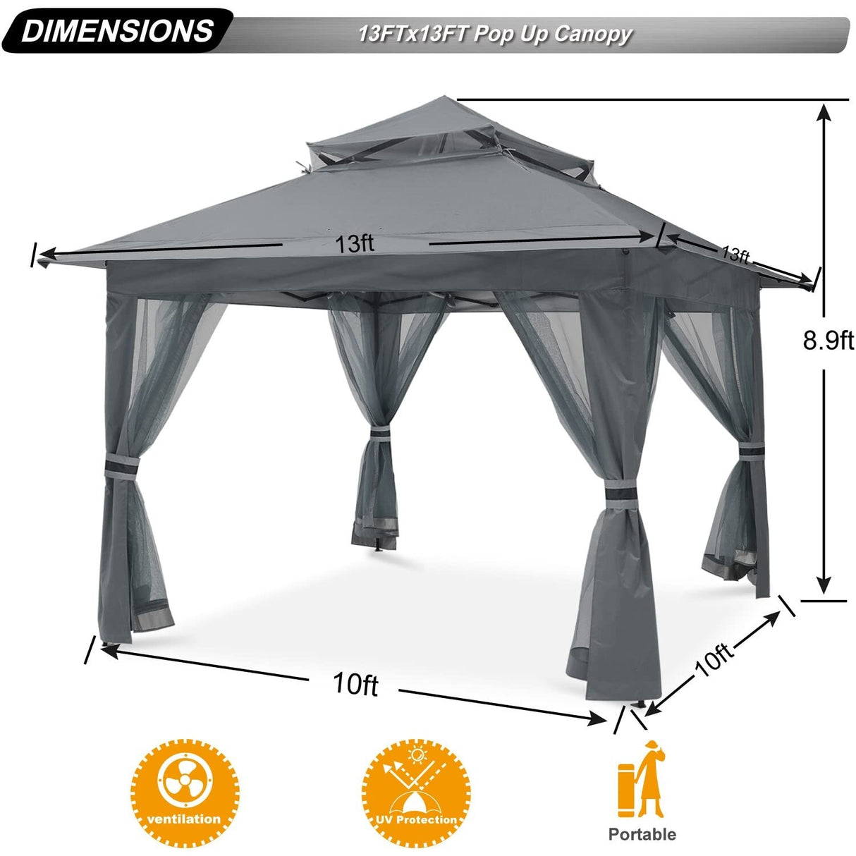 Pop Up Gazebo 13x13 - Outdoor Canopy Tent with Mosquito Netting for Patio Garden Backyard
