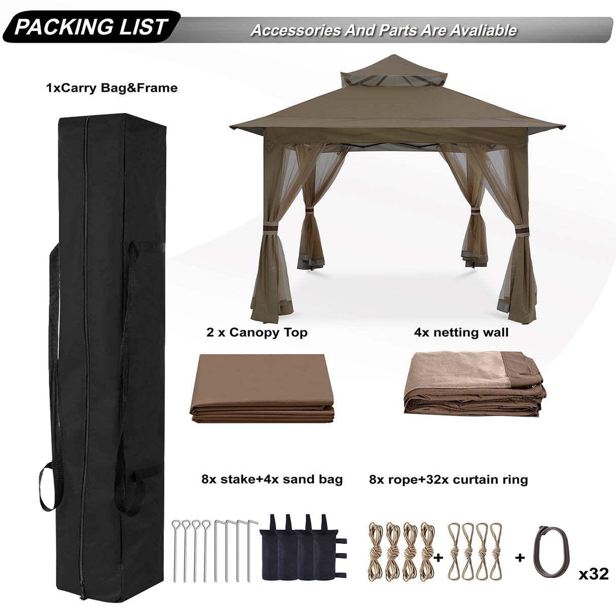 Pop Up Gazebo 13x13 - Outdoor Canopy Tent with Mosquito Netting for Patio Garden Backyard