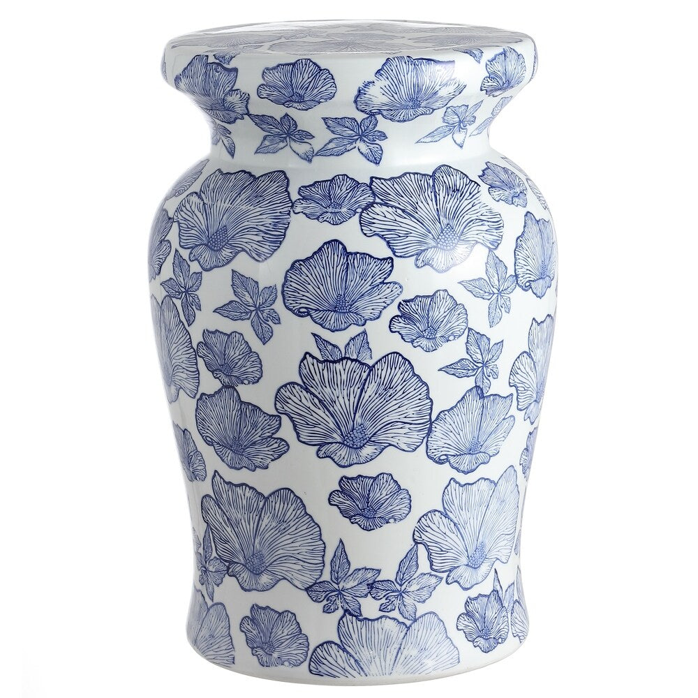 Poppies 17.7" Ceramic Garden Stool, White/Blue by JONATHAN Y