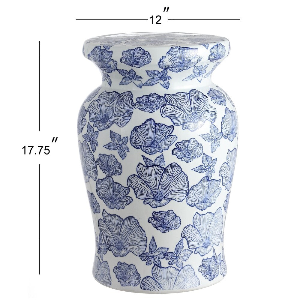 Poppies 17.7" Ceramic Garden Stool, White/Blue by JONATHAN Y