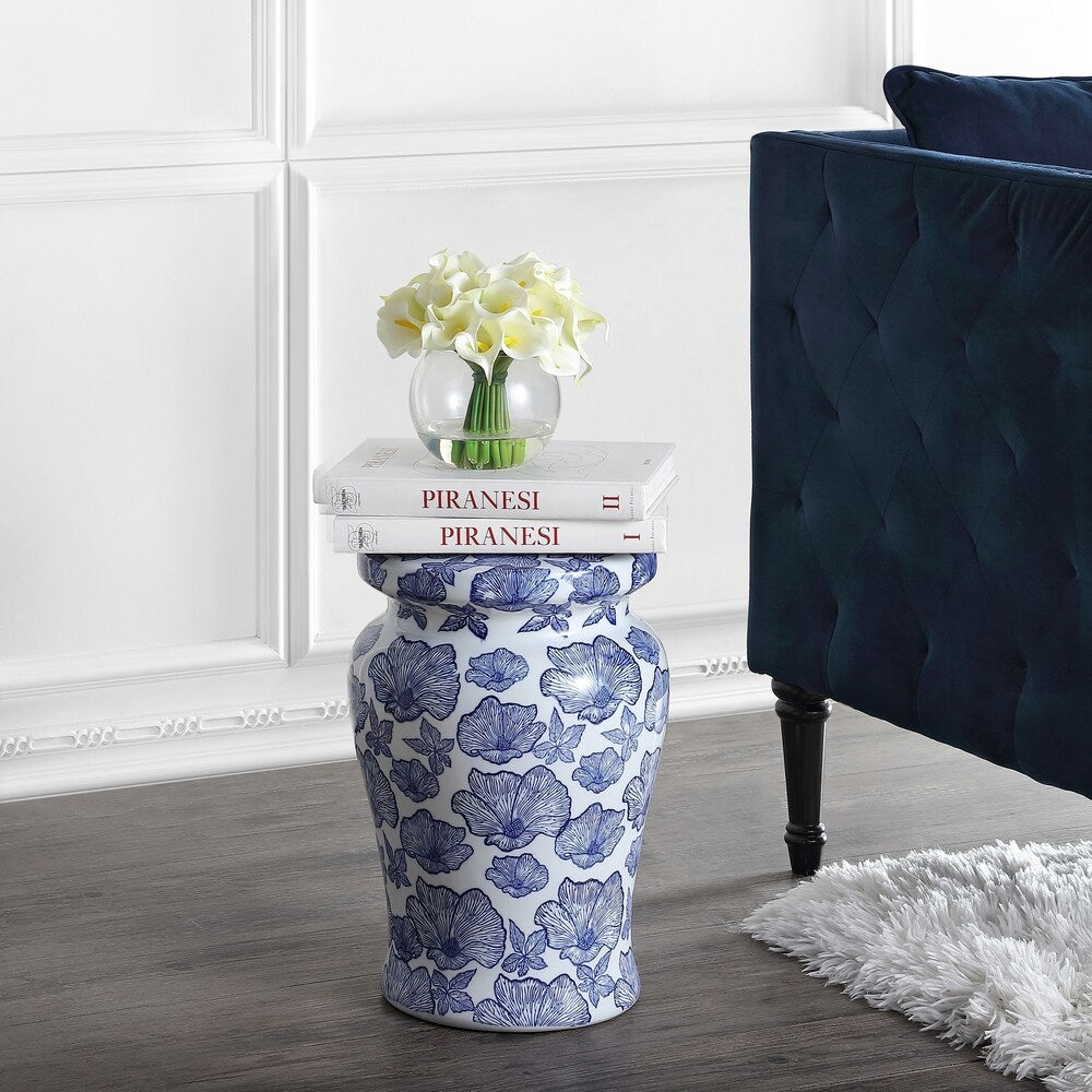 Poppies 17.7" Ceramic Garden Stool, White/Blue by JONATHAN Y