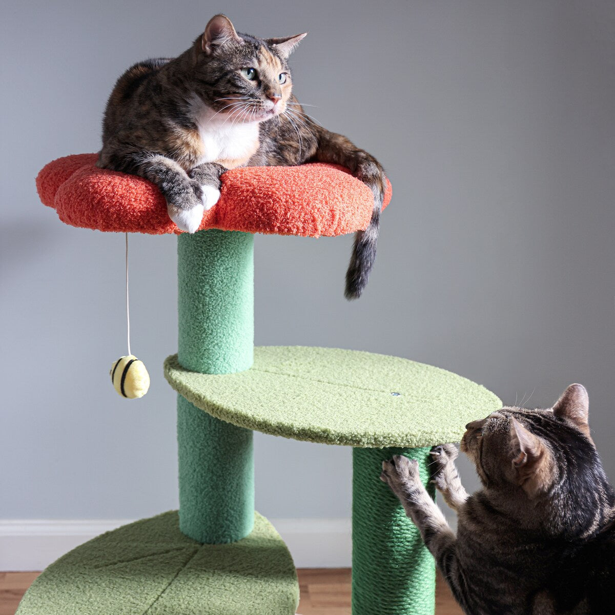 Poppy 29" 3-Tier Modern Jute Flower Cat Tree with Dangling Toy, Orange/Green