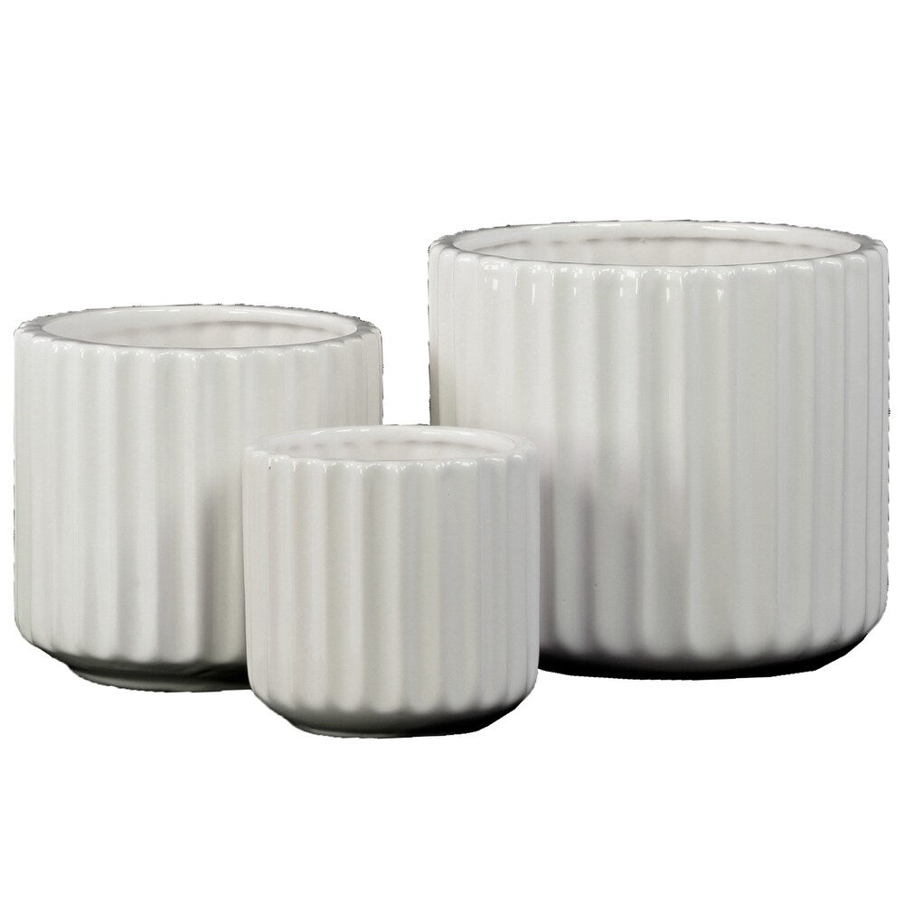 Porcelain Gloss Finish White Short Round Corrugated Flower Vases with Tapered Bottom (Set of Three)