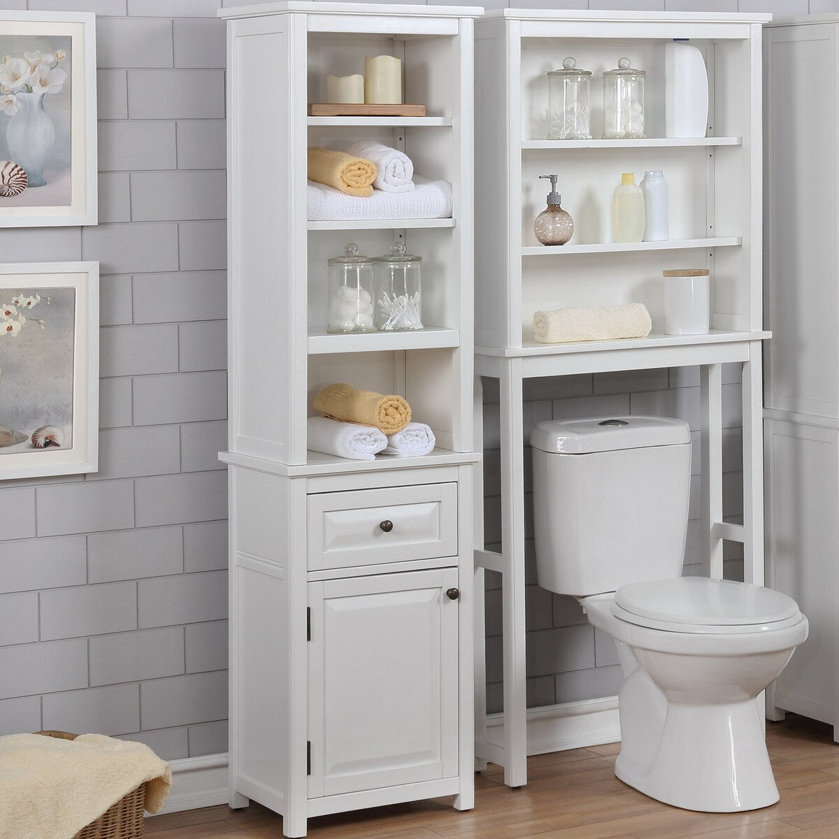 Porch & Den Everest Bathroom Storage Tower with Open Upper Shelves, Lower Cabinet and Drawer