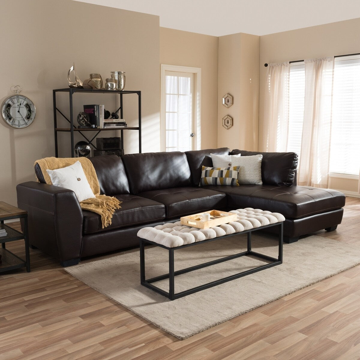 Porch & Den Glendale Brown Bonded Leather Modern Sectional Sofa Set with Right Facing Chaise