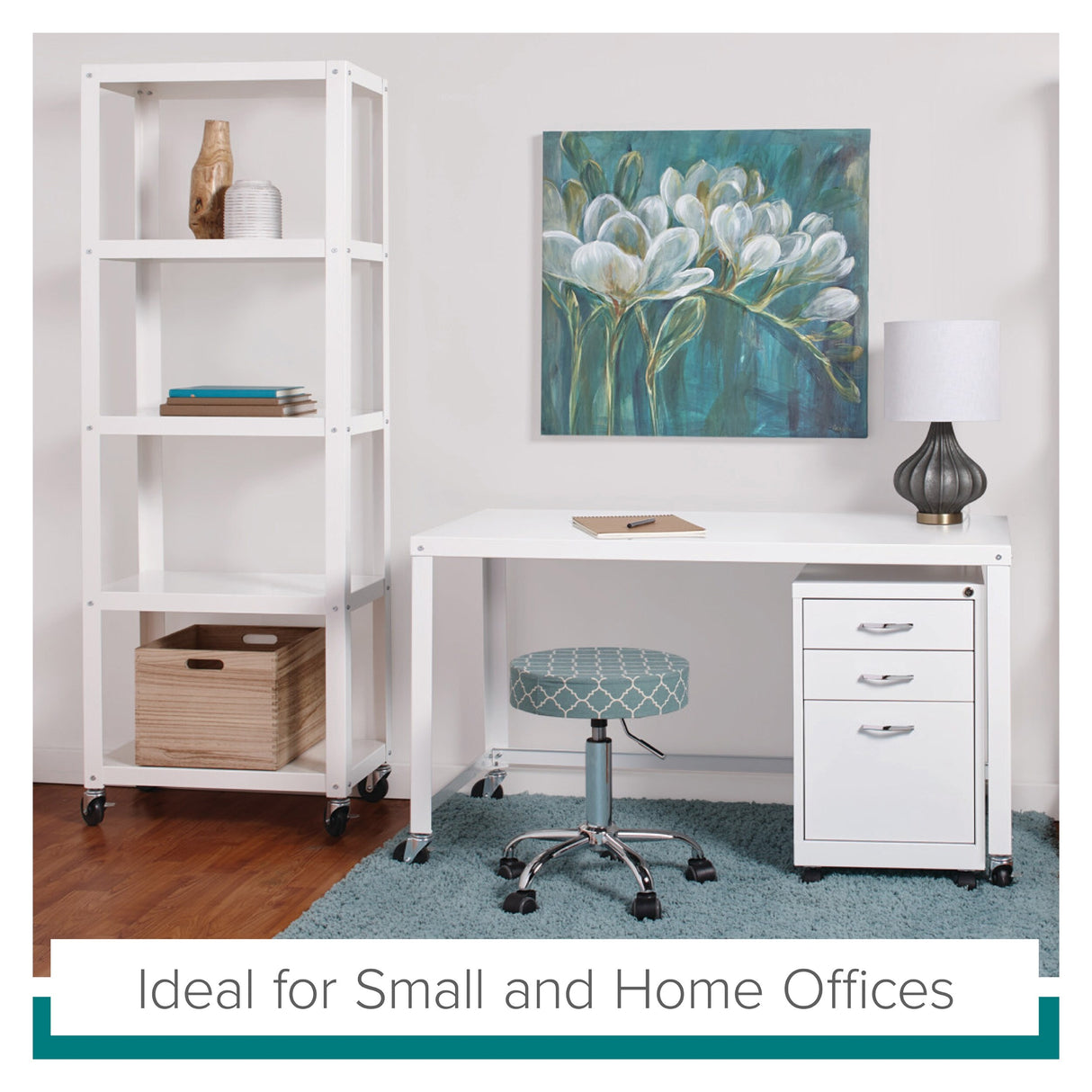 Office Dimensions 72" High Rolling 5 Shelf Bookcase, Industrial Metal, White