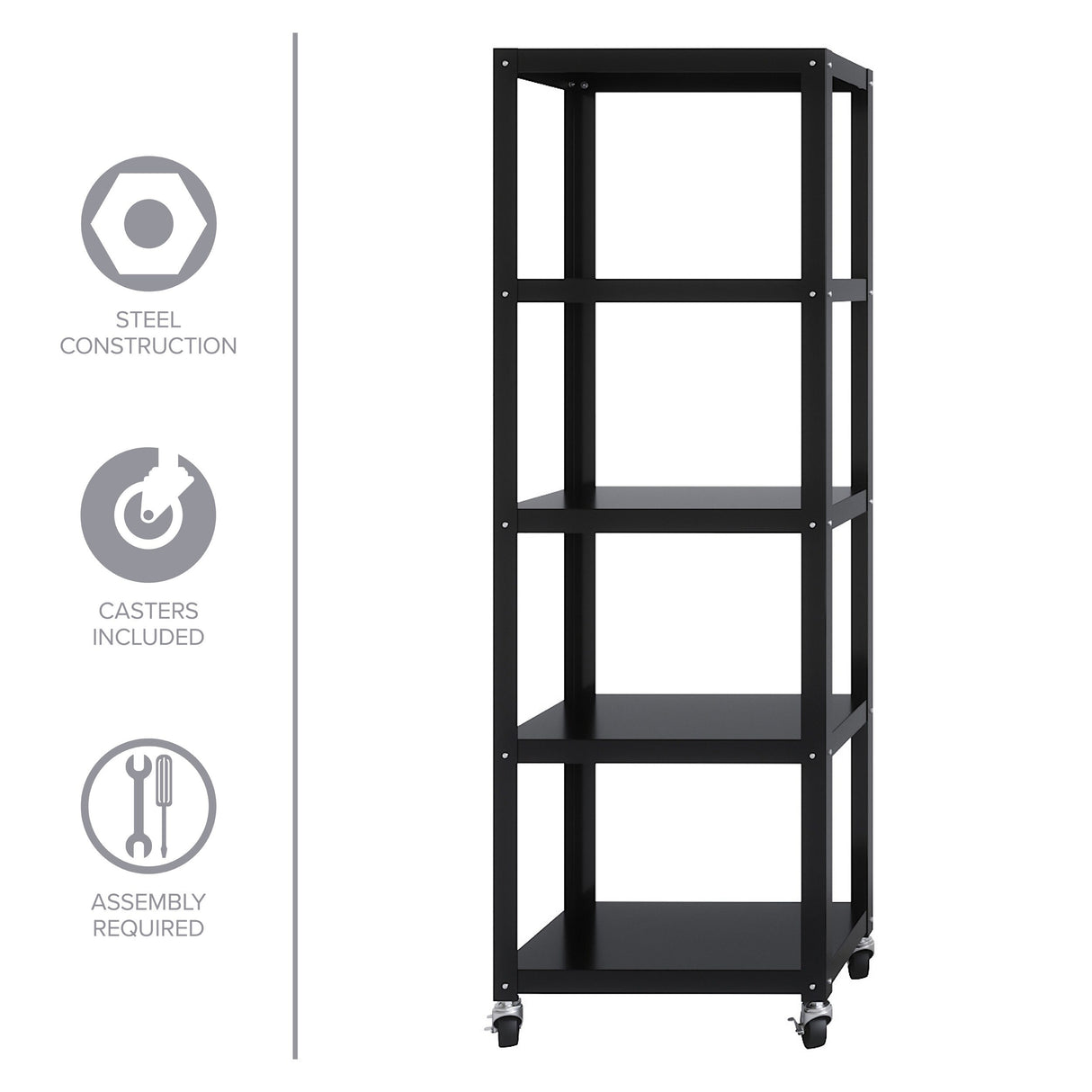 Office Dimensions 72" High Rolling 5 Shelf Bookcase, Industrial Metal, White