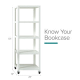 Office Dimensions 72" High Rolling 5 Shelf Bookcase, Industrial Metal, White