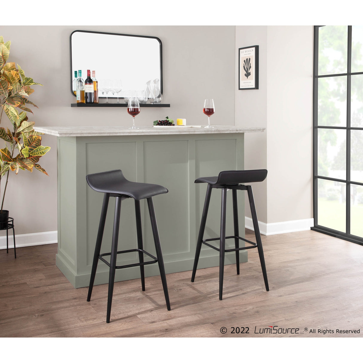 Ale Fixed-Height Bar Stool in Black Steel and Grey Faux - Set of 2 - 15"Lx15"Wx32.5"H