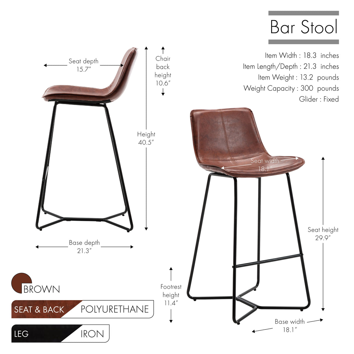 Porthos Home Avri Counter & Bar Stools Set of 2, PU Leather, Cross Sled Legs