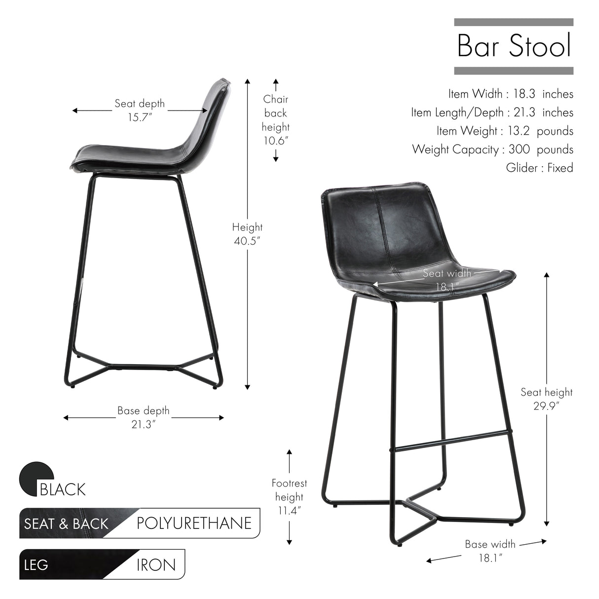 Porthos Home Avri Counter & Bar Stools Set of 2, PU Leather, Cross Sled Legs