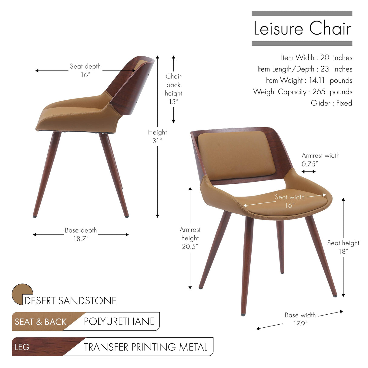 Porthos Home Basil Faux Leather Mid-Century Dining Chair