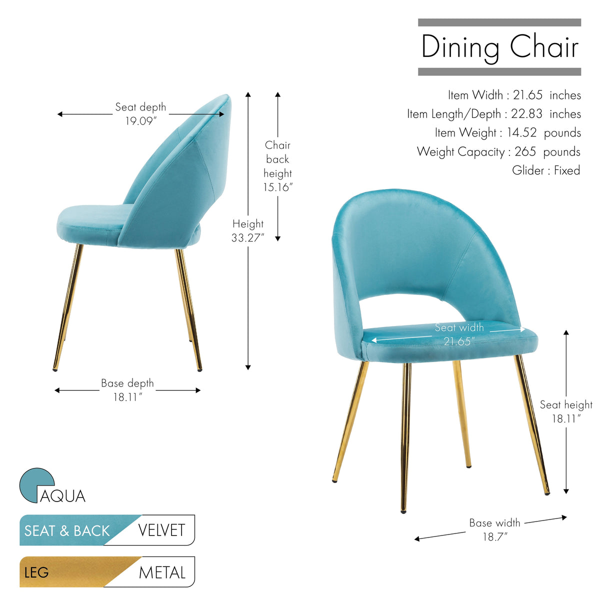 Porthos Home Batia Dining Chair, Velvet Upholstery, Gold Metal Legs