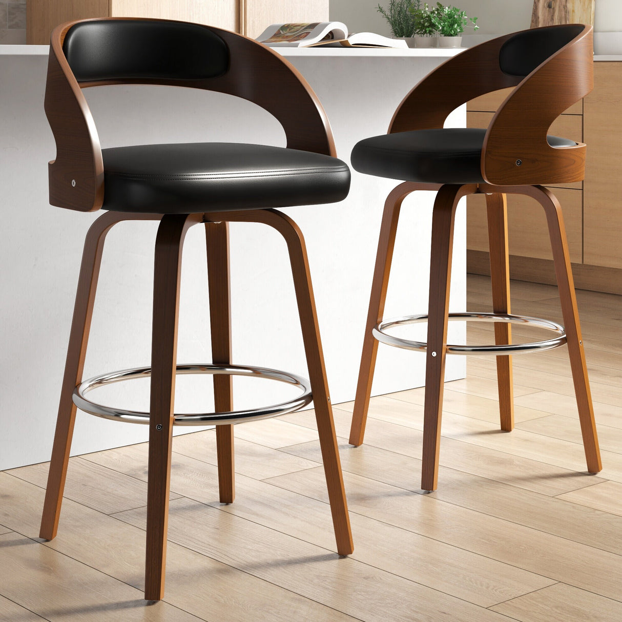 Porthos Home Charlotte Swivel Bar Stool, PU Upholstery, Wooden Legs