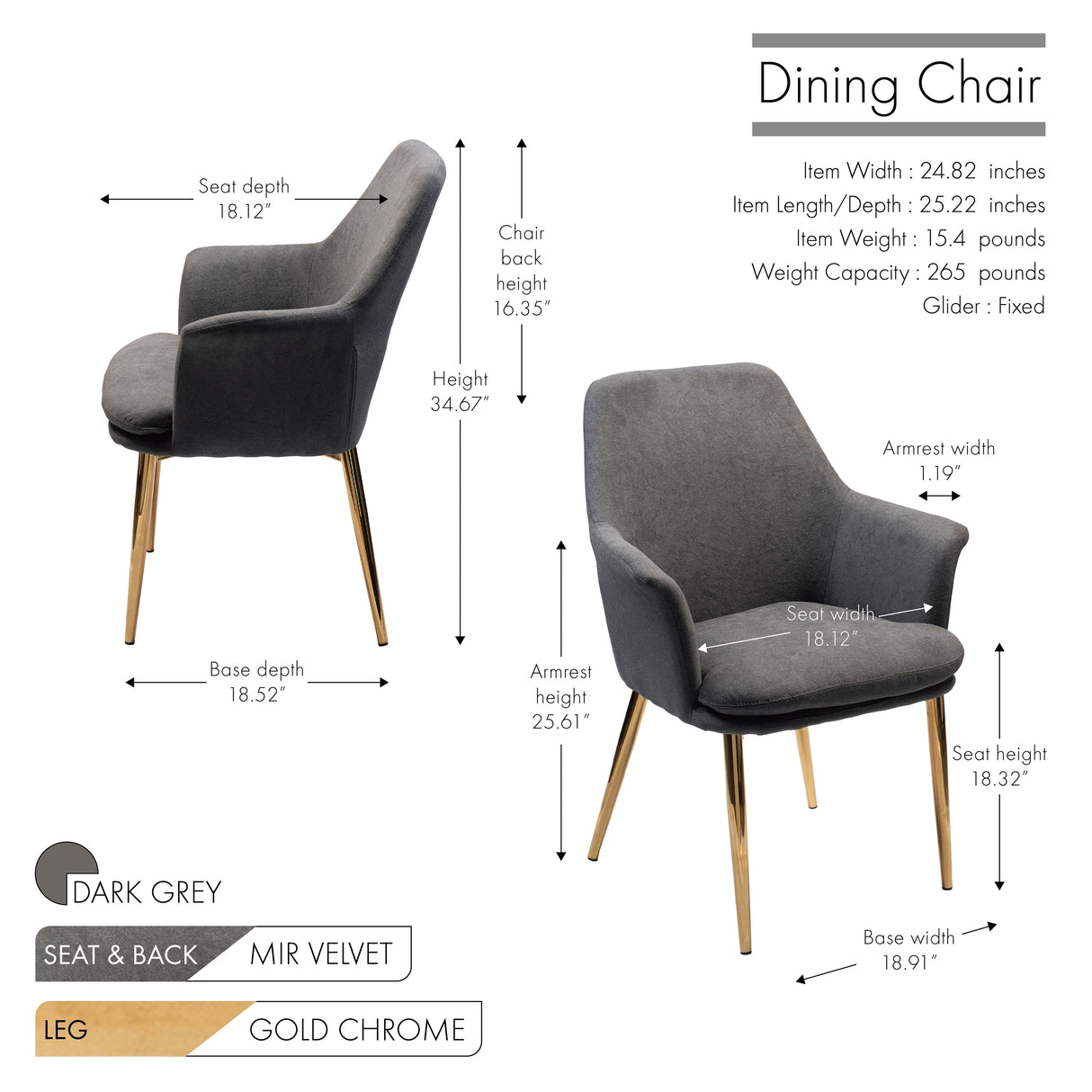 Porthos Home Dak Dining Chair with Armrests, Velvet, Gold Chrome Legs