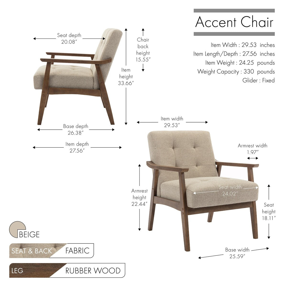Porthos Home Galina Fabric Accent Chair with Rubberwood Legs