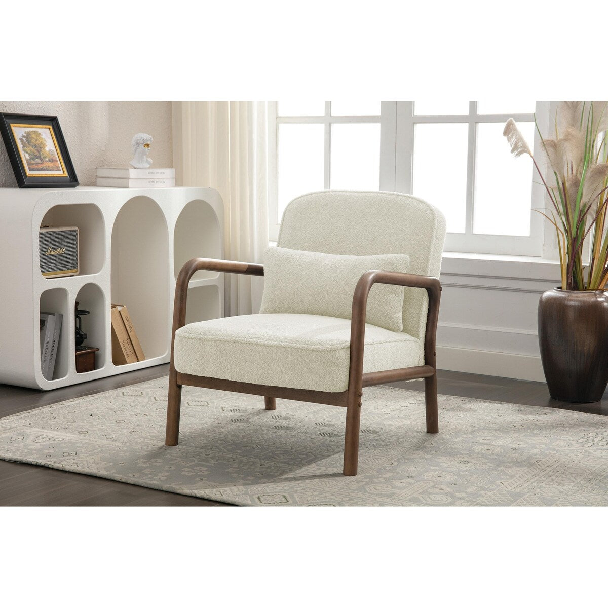 Porthos Home Keats Sherpa Fabric Accent Chair with Rubberwood Legs and Toss Pillow