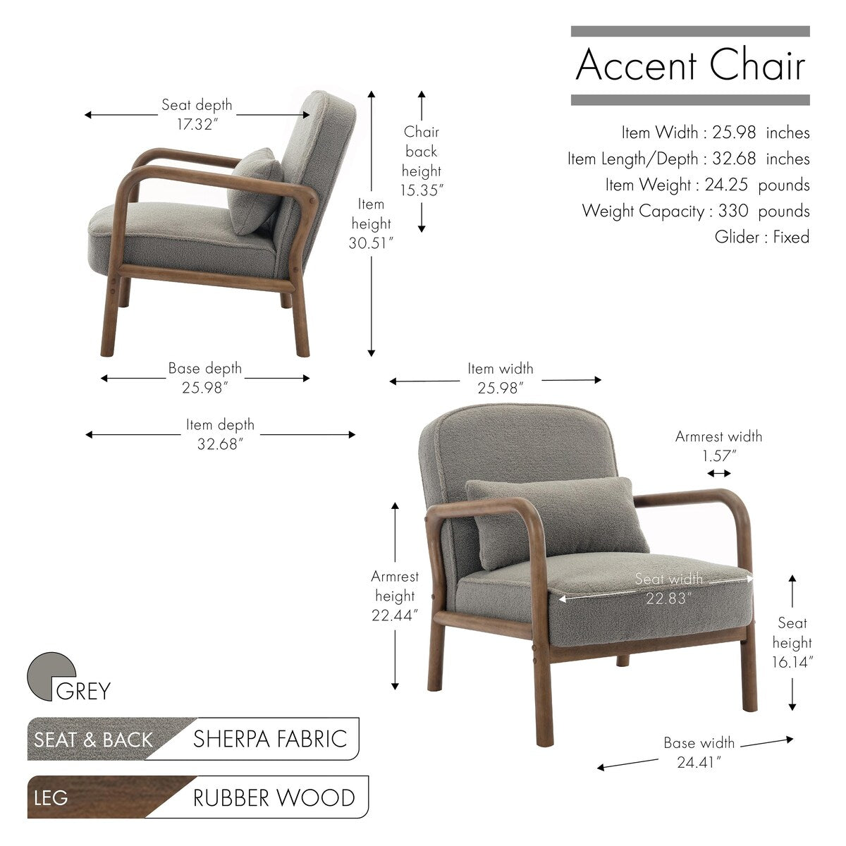 Porthos Home Keats Sherpa Fabric Accent Chair with Rubberwood Legs and Toss Pillow