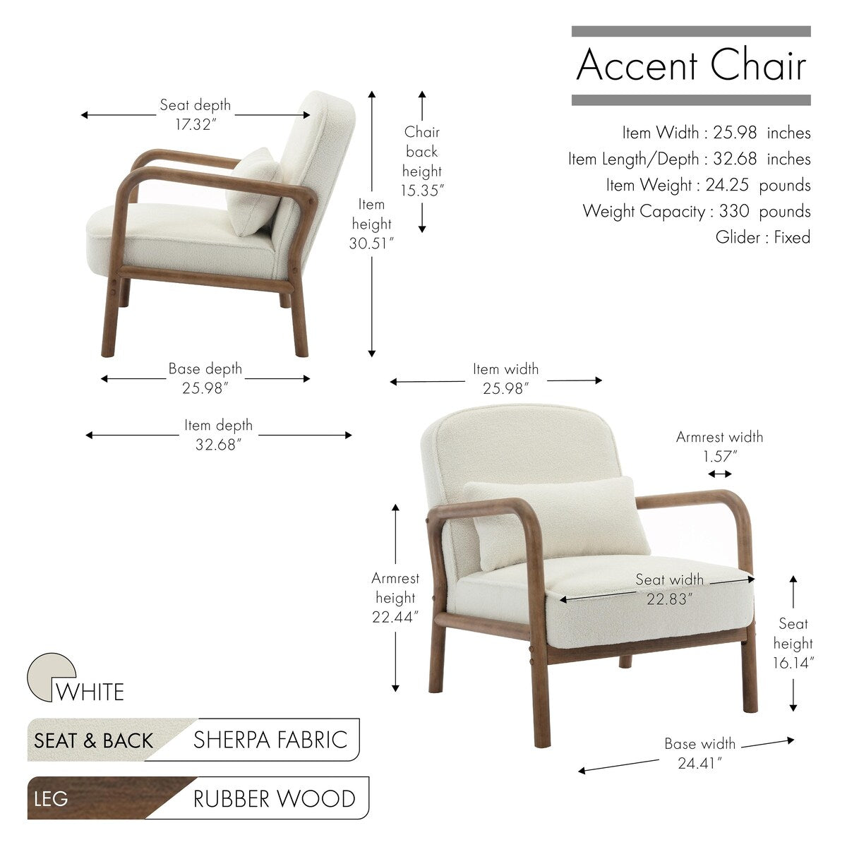 Porthos Home Keats Sherpa Fabric Accent Chair with Rubberwood Legs and Toss Pillow