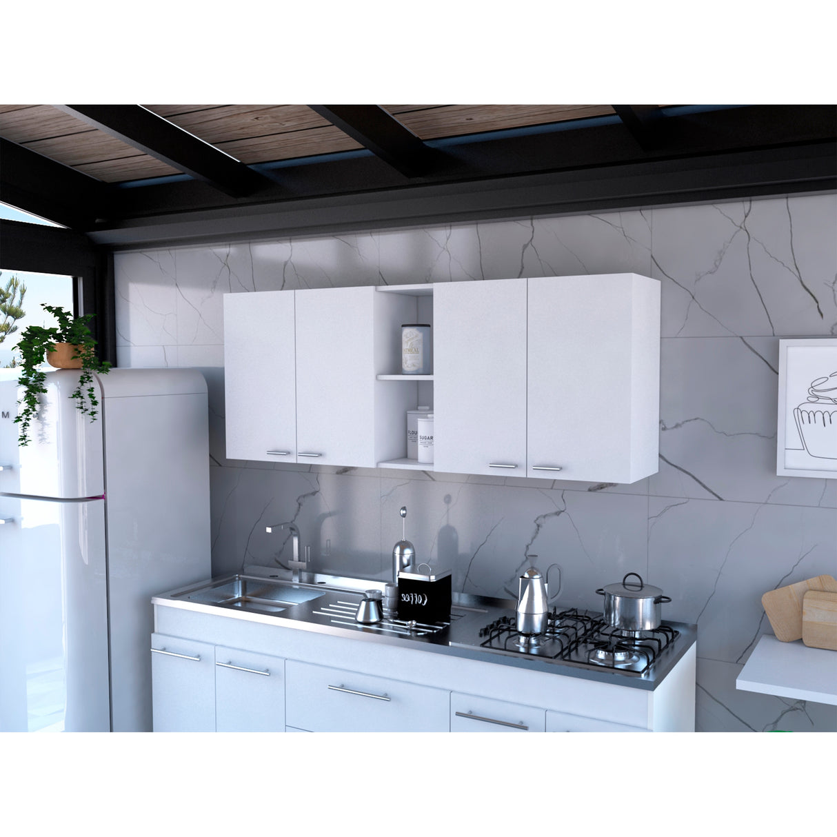TUHOME Portofino 150 Wall Cabinet with 2 Double Doors, Dish Rack, 2 Open Shelves, and 2 Inner Shelves - N/A