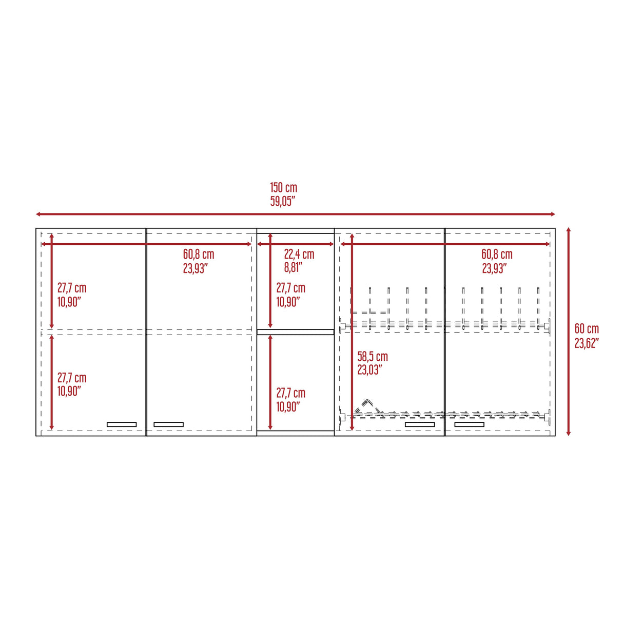 TUHOME Portofino 150 Wall Cabinet with 2 Double Doors, Dish Rack, 2 Open Shelves, and 2 Inner Shelves - N/A