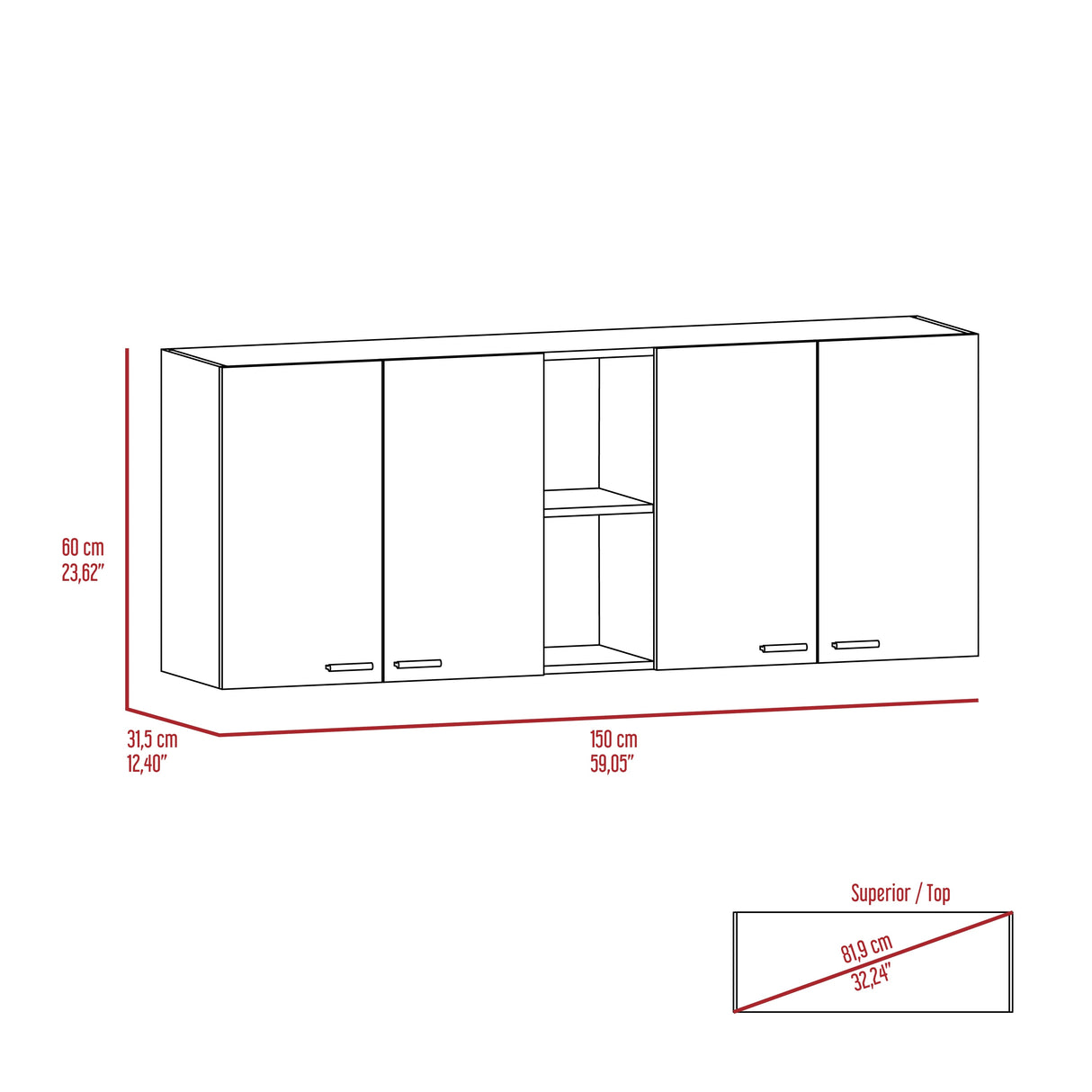TUHOME Portofino 150 Wall Cabinet with 2 Double Doors, Dish Rack, 2 Open Shelves, and 2 Inner Shelves - N/A