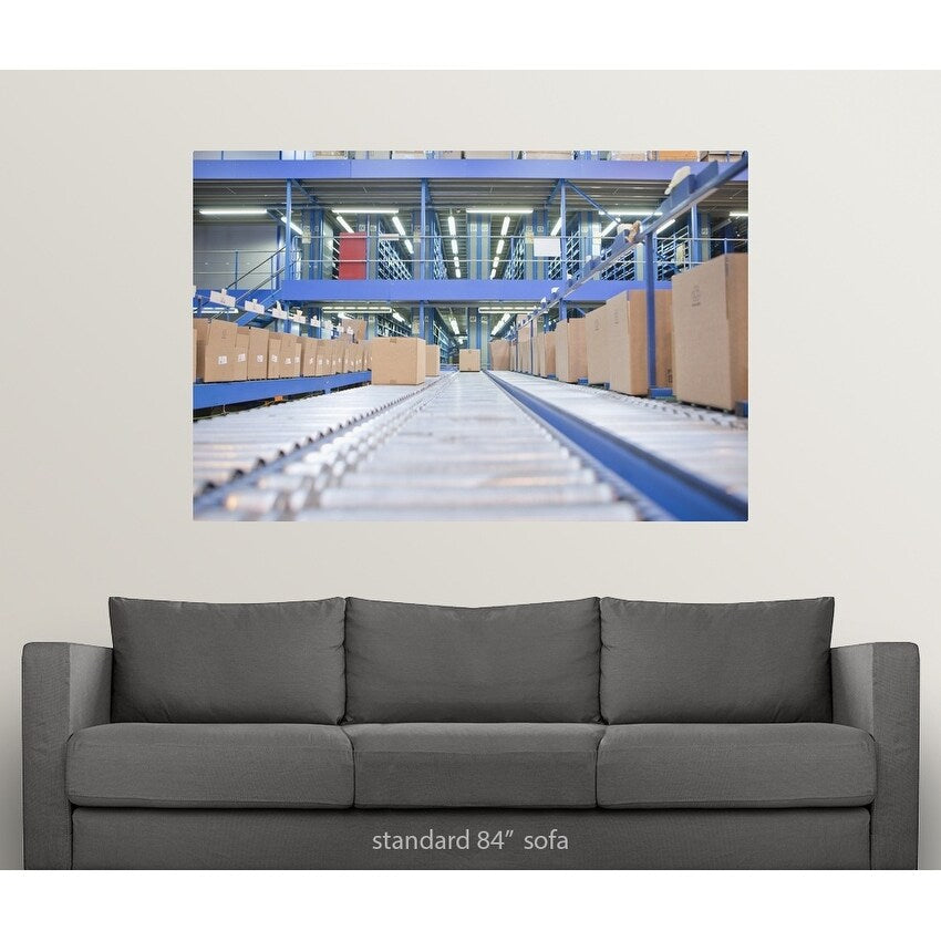 "Boxes on conveyor belts in distribution warehouse" Poster Print - Multi