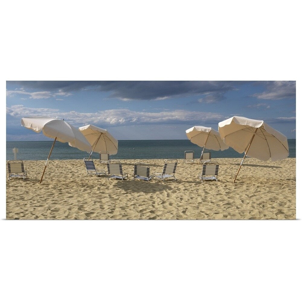 Deck chairs and beach umbrellas on the beach, Jetties Beach, Nantucket, Massachusetts - Multi