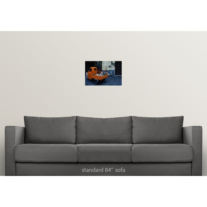 "Great Dane dog in the back of tiny orange 3-wheeled truck in Lucca, Tuscany, " Poster Print - Multi