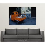 "Great Dane dog in the back of tiny orange 3-wheeled truck in Lucca, Tuscany, " Poster Print - Multi