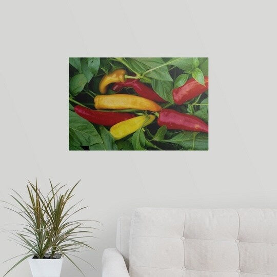 Poster Print entitled Pepper, var. 'Hot Wax', ripe chilies on plant - Multi