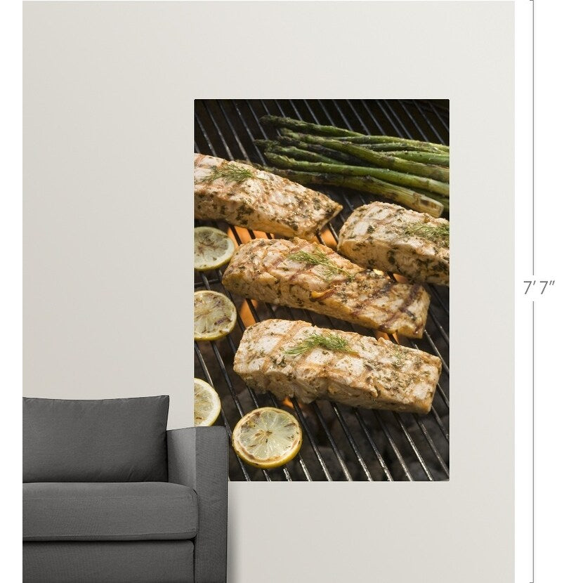 "Seasoned salmon and asparagus cooking on grill" Poster Print - Multi