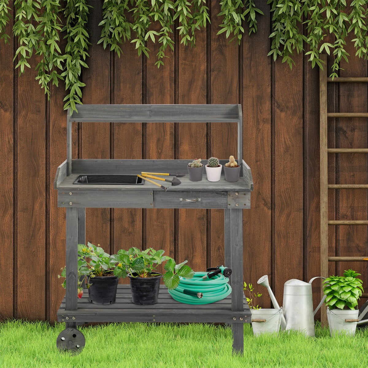 Potting Bench Work Table with 2 Removable Wheels