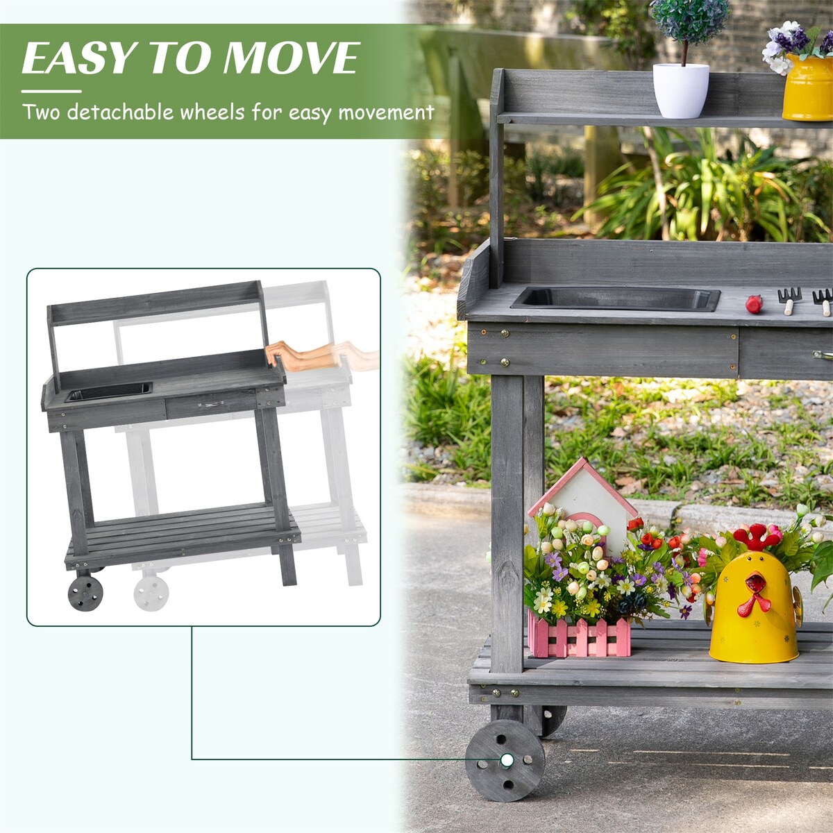 Potting Bench Work Table with 2 Removable Wheels