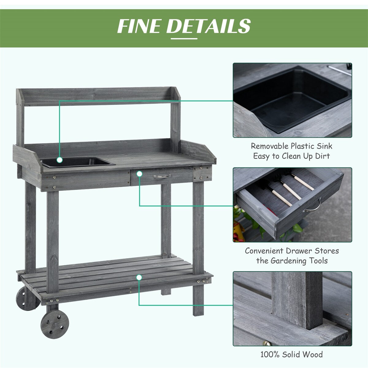 Potting Bench Work Table with 2 Removable Wheels