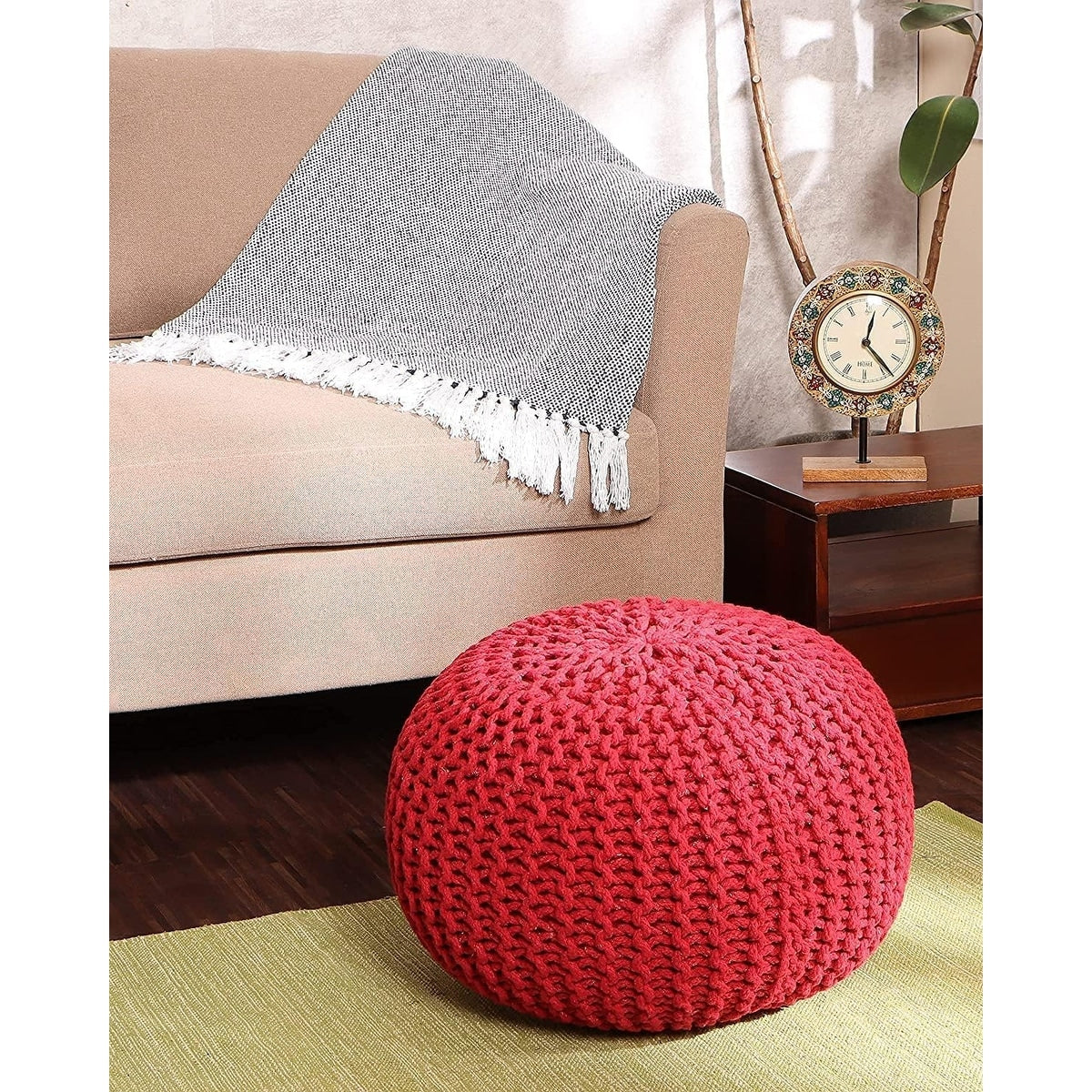 Hand Knitted Pouf Cotton Braided Cord Cable Ottoman - Foot Stool - Accent Seat Furniture Bean Bag - Living Room Kids - 18x18x14