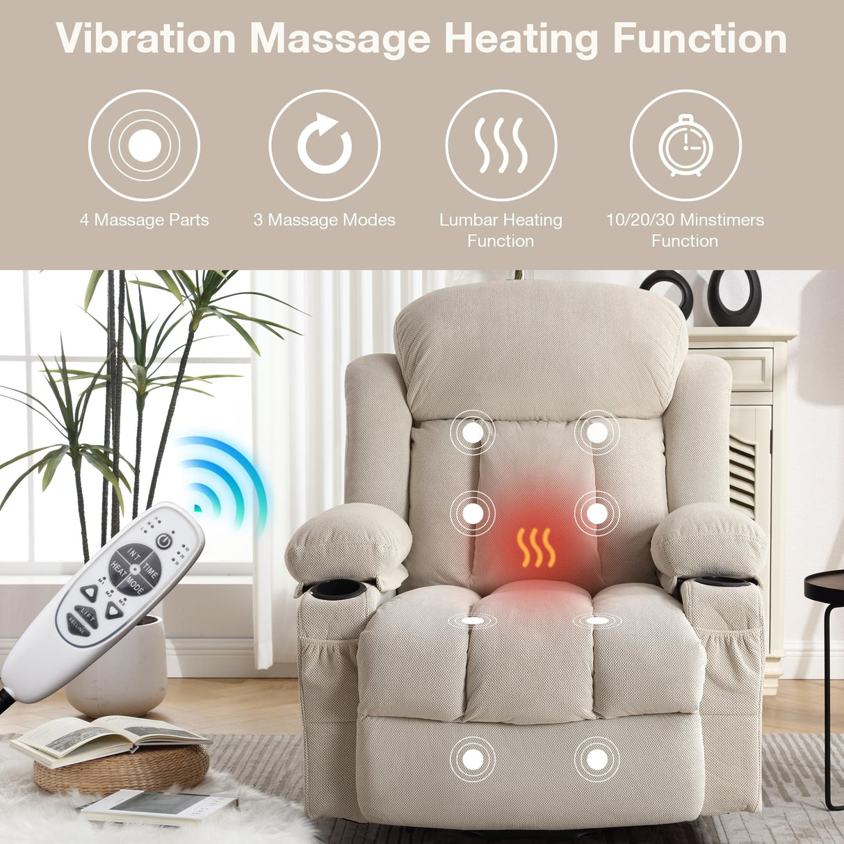 Power Lift Chairs Recliners, Heat & Massage, USB Port, Remote Control