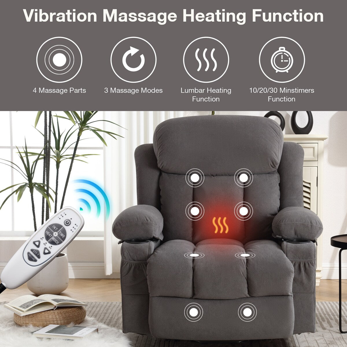 Power Lift Recliner Chair with Heat,Massage Electric Fabric Recliner for Elderly,Side Pocket,USB Charge Port,Remote Control,A+B