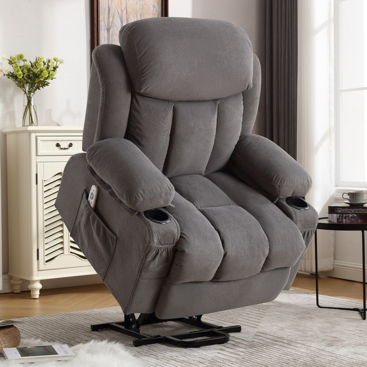 Power Lift Recliner Chair with Heat,Massage Electric Fabric Recliner for Elderly,Side Pocket,USB Charge Port,Remote Control,A+B