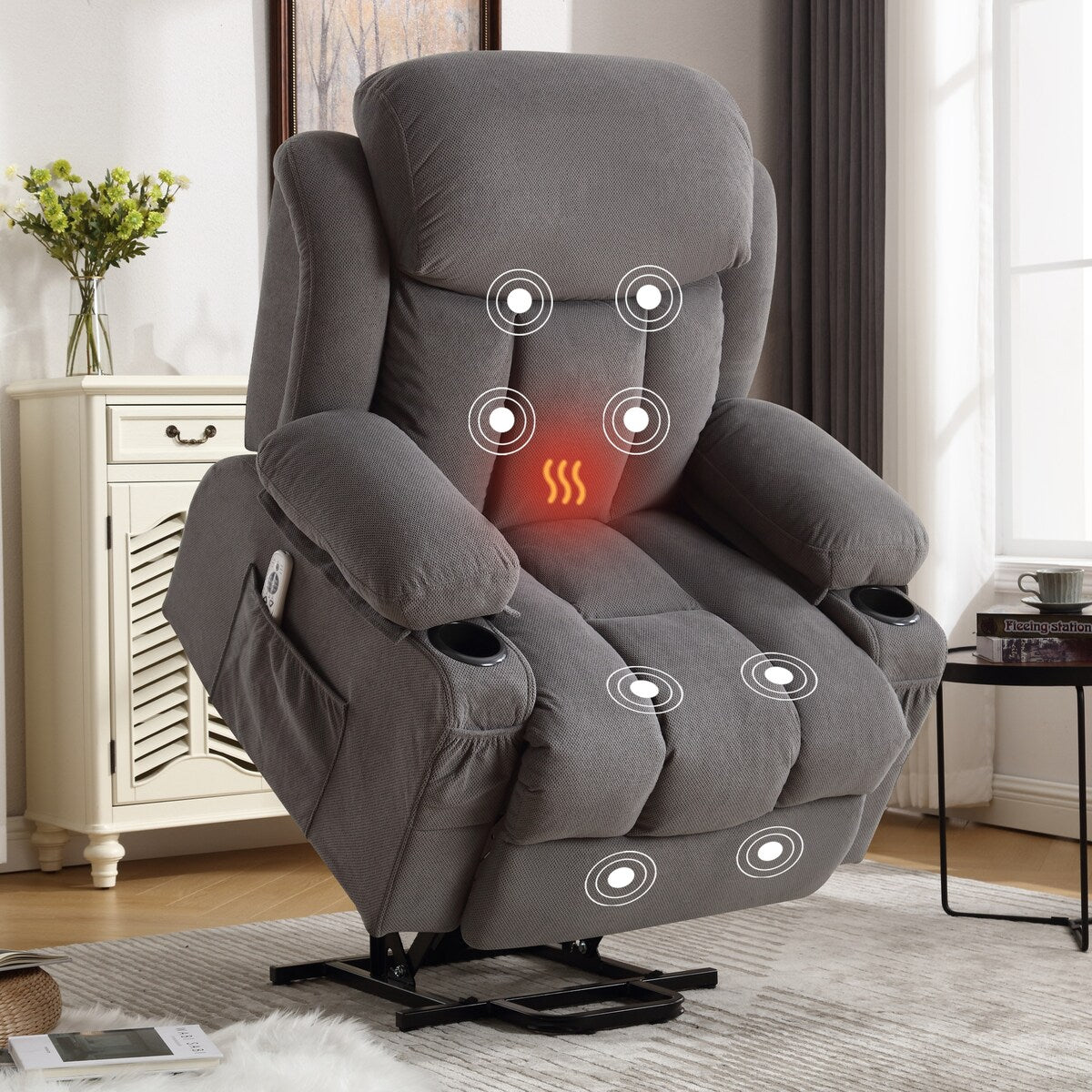 Power Lift Recliner Chair with Heat,Massage Electric Fabric Recliner for Elderly,Side Pocket,USB Charge Port,Remote Control,A+B