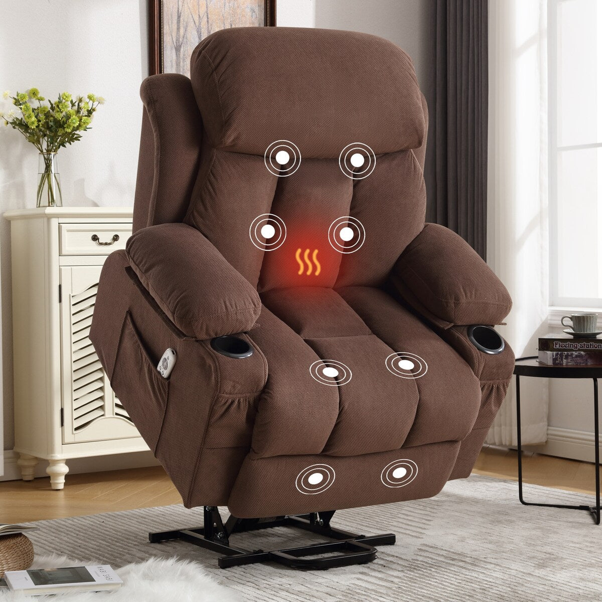 Power Lift Recliner Chair with Heat,Massage Electric Fabric Recliner for Elderly,Side Pocket,USB Charge Port,Remote Control,A+B