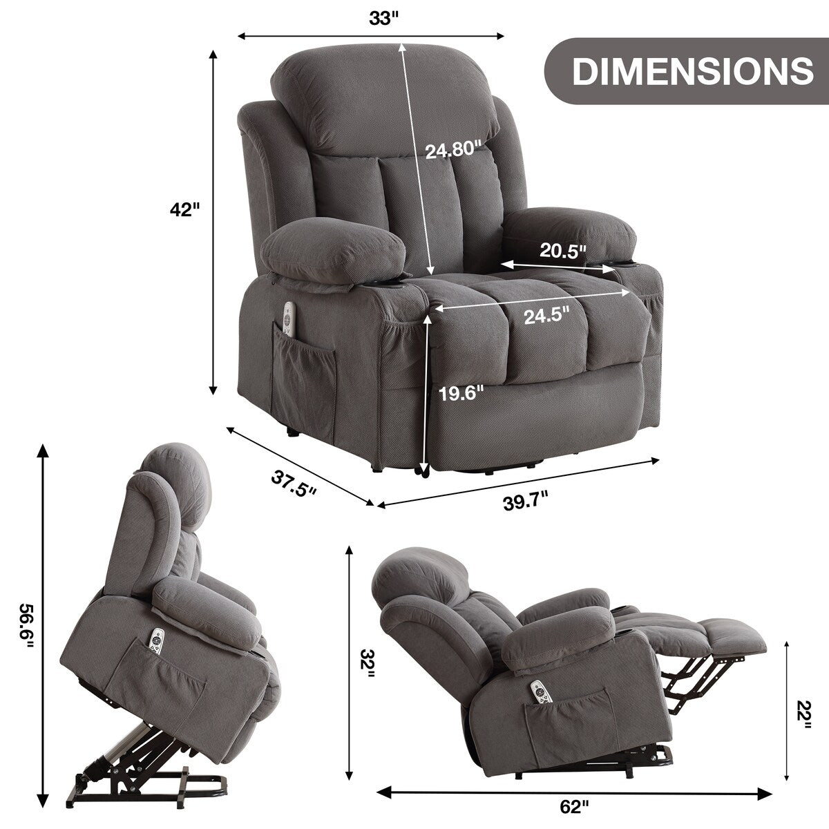 Power Lift Recliner Chair with Heat,Massage Electric Fabric Recliner for Elderly,Side Pocket,USB Charge Port,Remote Control,A+B