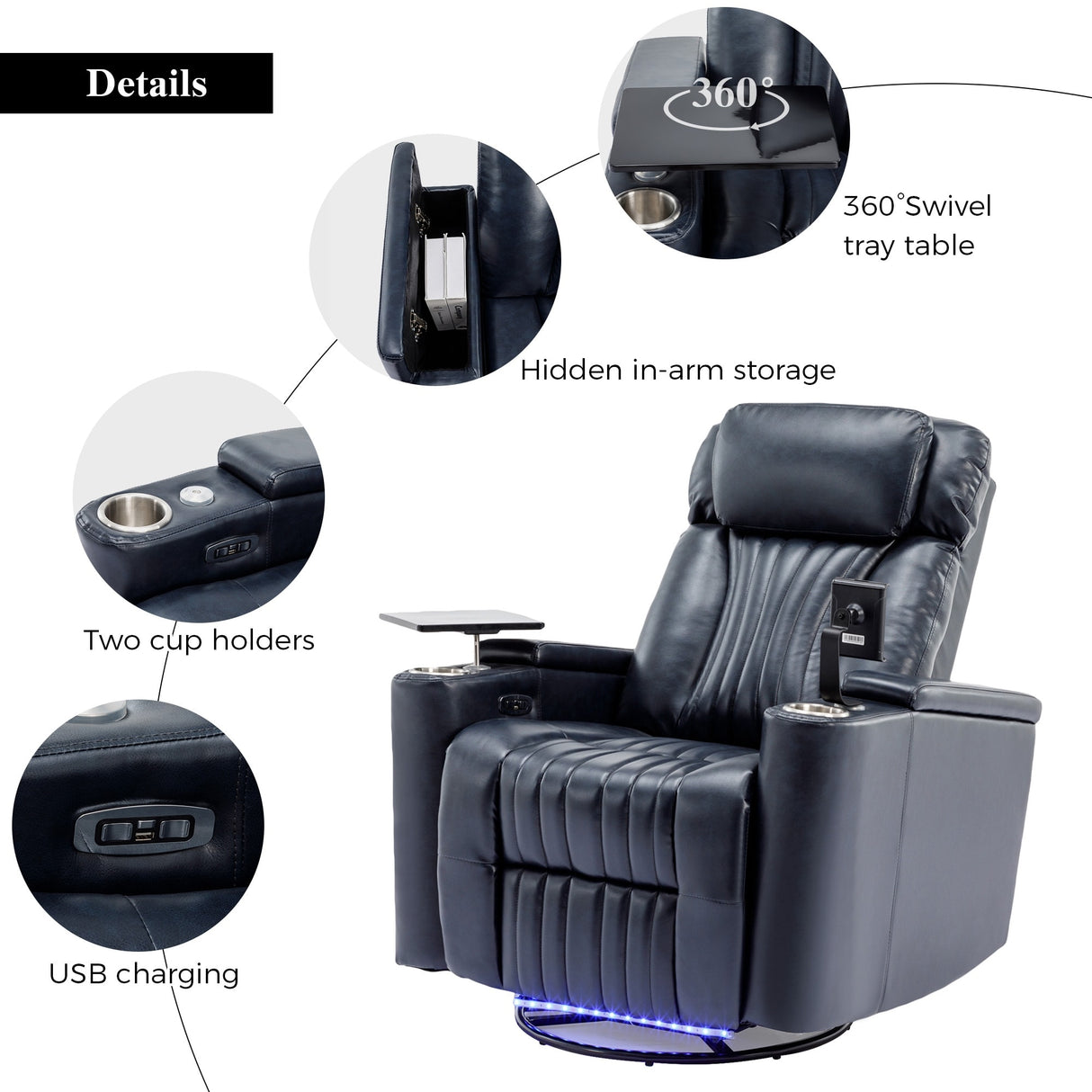 Power Swivel Recliner With 360掳 Swivel Tray Table,and Cell Phone Holder,Soft Living Room Chair