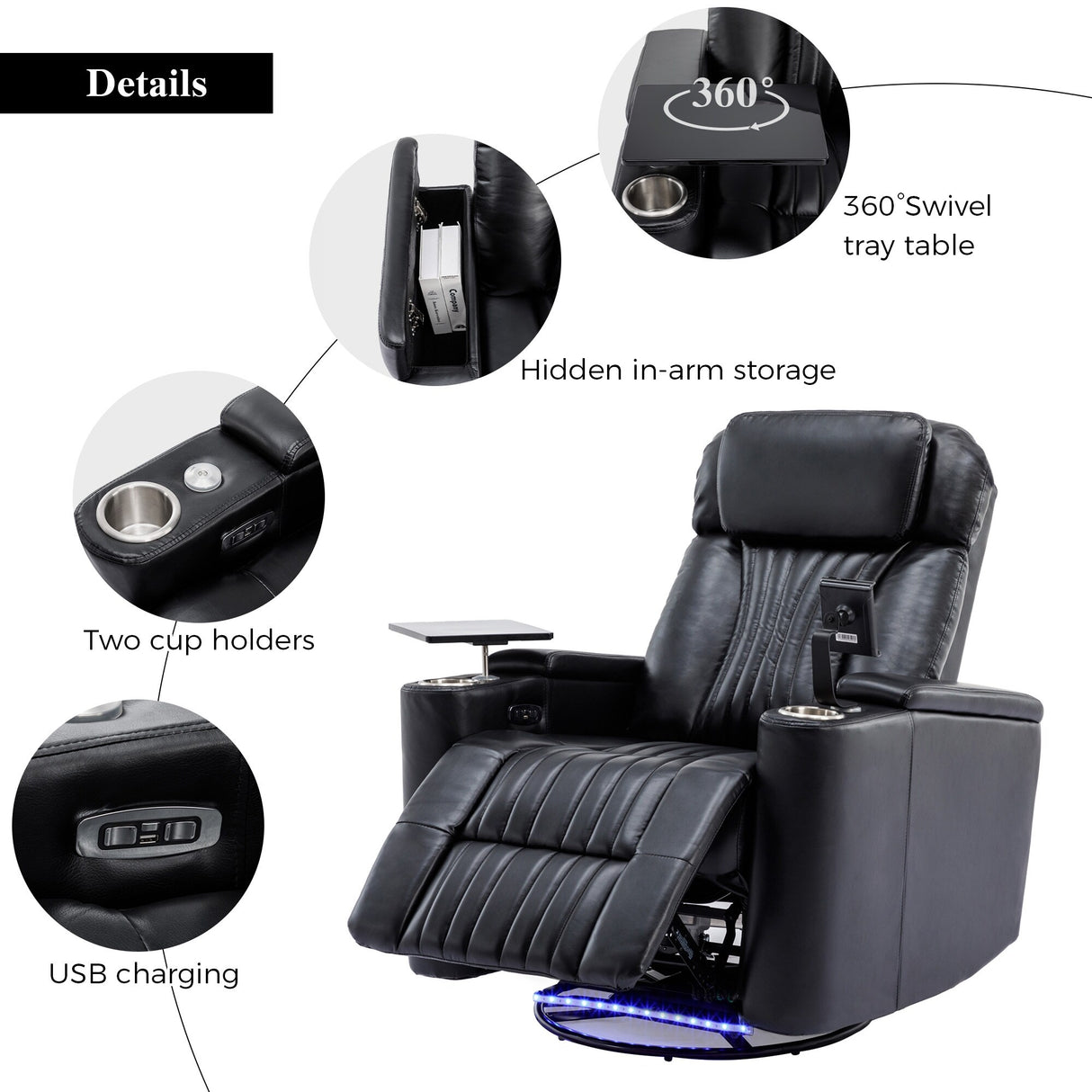 Power Swivel Recliner With 360掳 Swivel Tray Table,and Cell Phone Holder,Soft Living Room Chair