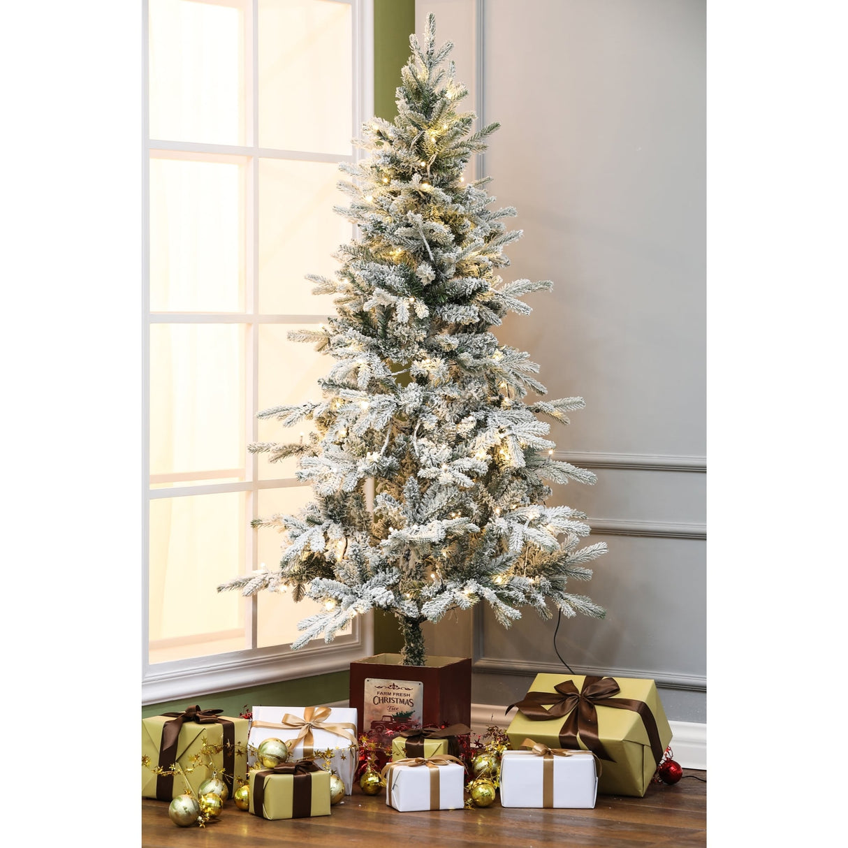 Snow Flocked 5ft Artificial Christmas Tree with Red Wood Base and Clear LED Lights - 63" H - 63" H x 31.5" Diameter