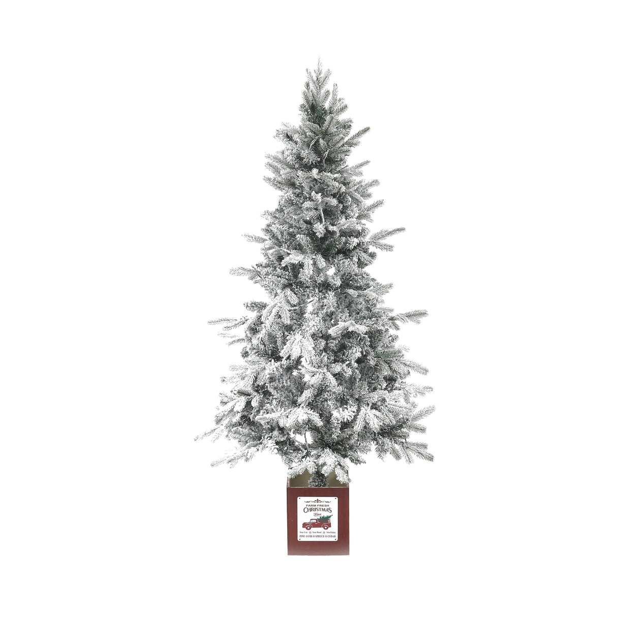 Snow Flocked 5ft Artificial Christmas Tree with Red Wood Base and Clear LED Lights - 63" H - 63" H x 31.5" Diameter