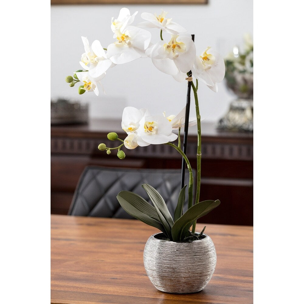Premium Artificial White Orchid Phalaenopsis Including Textured Metallic-Silver Vase, 24 Inch