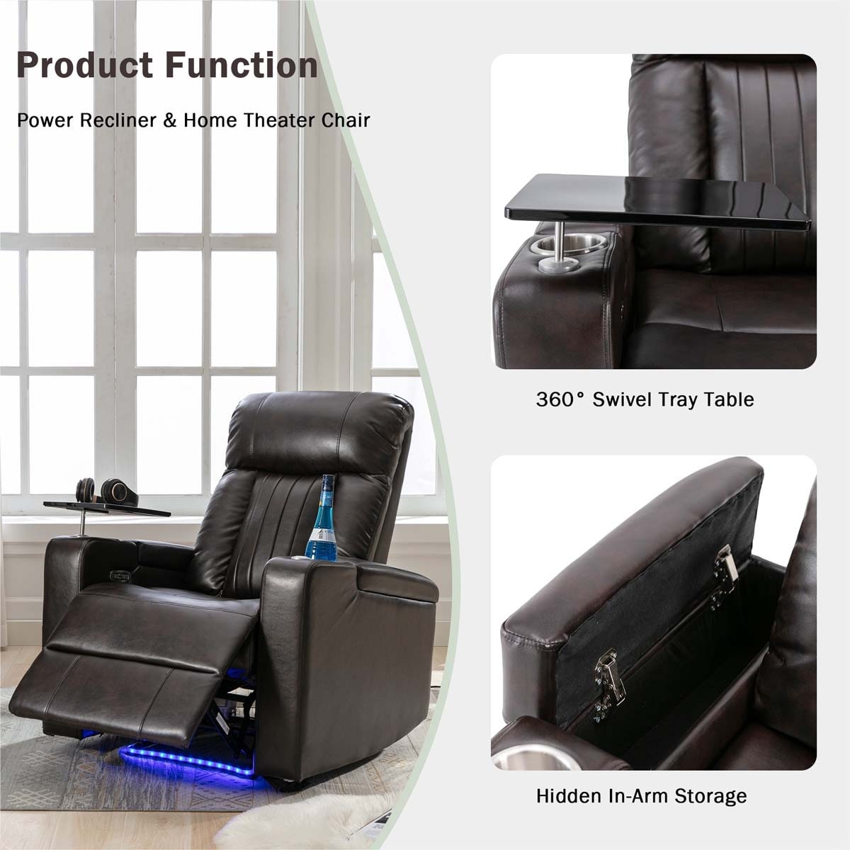 Premium Power Recliner with Swivel Tray Table and Cell Phone Stand